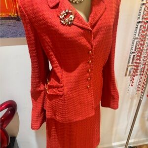 St. John coral red Blazer Skirt Set suit jacket tweed embellished 14 L career